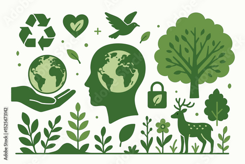 Biodiversity protection and environmental awareness concept. Green ecology icon collection: Earth in human mind, recycle symbol, wildlife, tree, plants. Sustainability, conservation vector graphics.
