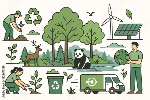 Eco conservation & sustainability: tree planting, recycling, renewable energy (solar, wind), wildlife (panda, deer), green transport, planet care. Environmental awareness vector illustration set.