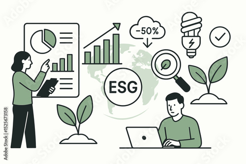 Corporate Sustainability Metrics: ESG analysis for environmental, social, governance performance. Green business strategy, data reporting, sustainable investment, eco-friendly growth vector.