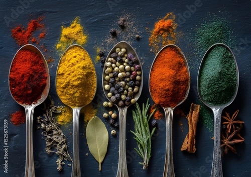Colorful Spices in Spoons with Herbs and Spices Around