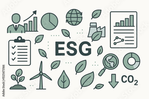 ESG Corporate Sustainability Metrics vector illustration. Environmental Social Governance icons for green business, CO2 reduction, renewable energy, ethical investment, sustainable reporting.