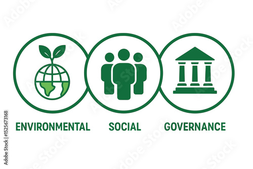 ESG vector icon set: Environmental, Social, Governance principles. Sustainable business framework with green flat icons for corporate responsibility, ethical investment, and company standards.