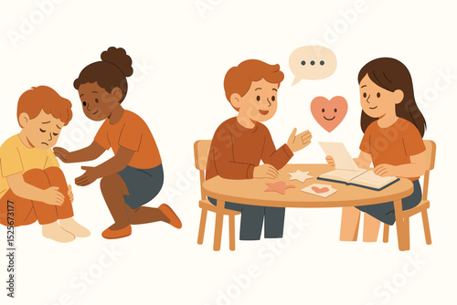 Children developing empathy and communication skills. Girl comforts sad boy. Kids at table with book, heart, star. Emotional intelligence, support, friendship, learning, childhood activities.