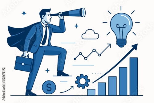 Businessman superhero with telescope. Future vision. Business insights. Market trend forecast. Innovation lightbulb. Financial growth chart. Investment strategy. Data analytics. Success. Vector