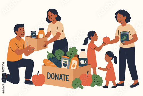 Food donation drive vector illustration. Diverse volunteers, family with children participating in charity. Community support concept, giving groceries for hunger relief and helping needy people.