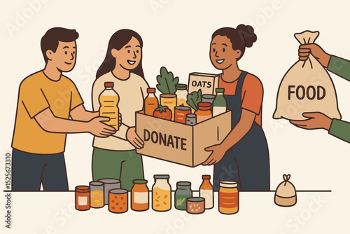 Food donation campaign concept with volunteers packing groceries. Charity drive for hunger relief, community support, and humanitarian aid. People giving food to a food bank or shelter.
