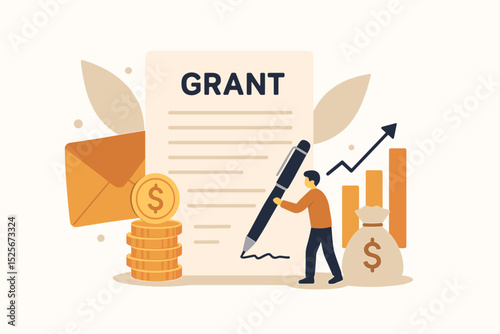 Securing project funding with a grant proposal. Miniature writer signing financial aid document. Business investment, growth chart, coins, money bag. Financial support, subsidy concept.