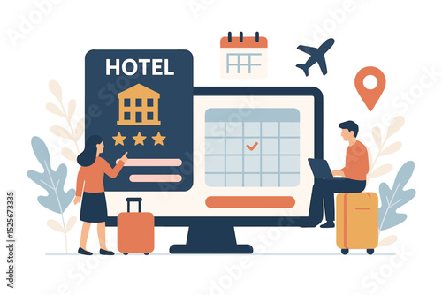 Online travel planning concept with miniature people. Man and woman booking hotel, flights via computer. Vacation reservation, digital tourism, accommodation search. Travel agency service.
