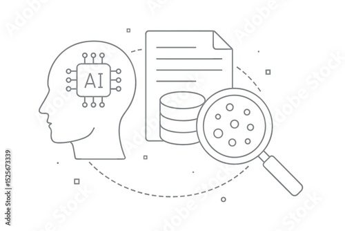 AI Data Search & Analysis: Artificial intelligence, machine learning technology for information retrieval. Big data concept with human head, AI chip, document, database, magnifying glass icon.
