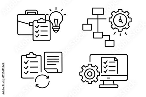 Business strategy and planning line icon collection. Vector graphics depicting project management, workflow, idea generation, task organization, time efficiency, and digital process optimization.