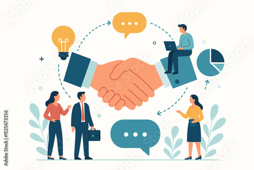 Business collaboration teamwork concept. Partnership handshake with tiny people. Project idea communication. Strategy development, data analysis for deal agreement. Corporate innovation, workflow.