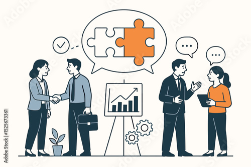 Business collaboration. Teamwork. Partnership. People meeting, handshake, discussion. Puzzle solution. Strategy concept. Growth chart. Gears. Corporate success. Office communication. Modern vector.