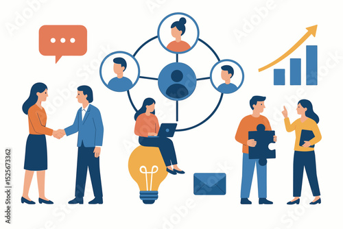 Flat design vector illustration of business collaboration and teamwork. Tiny people in corporate partnership, strategy meeting, innovation on lightbulb, problem-solving with puzzle. Growth chart.