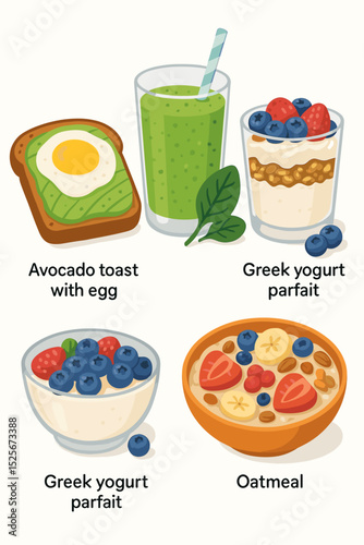 Energizing healthy breakfast set: avocado toast with egg, green detox smoothie, Greek yogurt parfait with berries & granola, oatmeal bowl with fruit. Nutritious morning meal vector illustrations.