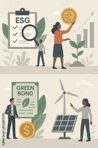 Sustainable finance vector illustration set: ESG criteria, green bond investment, renewable energy sources like solar panels & wind turbines. Diverse people driving eco-friendly financial growth.
