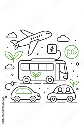 Eco friendly transport concept vector. Sustainable mobility with electric car, bus, and airplane. Green energy, CO2 reduction line icons. Clean travel, e-mobility, public transport.