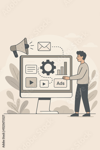 Automated marketing strategy illustration. Man using software for digital campaign management. Ads, email, video content, analytics and SEO optimization. Business promotion technology concept.
