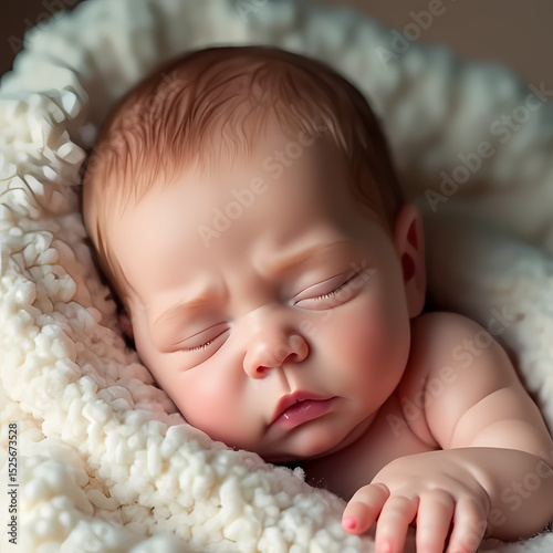 Tiny Baby Sleeping Calmly in Cream Blanket

