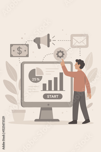 Marketing automation concept. Man starting a digital campaign on a computer with a data analysis dashboard. Business strategy workflow with finance, promotion, and email icons.