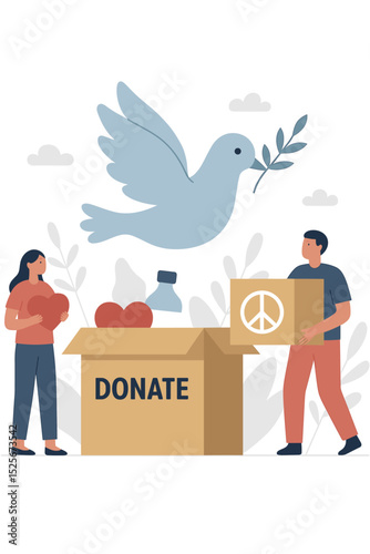 Humanitarian aid concept. Volunteers donating items for charity. Man and woman with donation box, hearts, and peace symbol. Dove of peace flying above symbolizes hope and support.