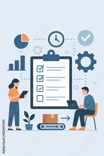 Workflow optimization and project management concept. Business process automation with people planning tasks on a checklist. Teamwork for efficiency, productivity and strategy.
