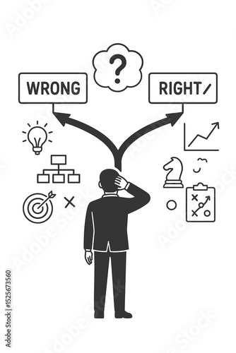 Strategic decision making concept with businessman at a crossroads. Choosing between right and wrong directions. Metaphor for business dilemma, choice, risk, planning and problem solving.