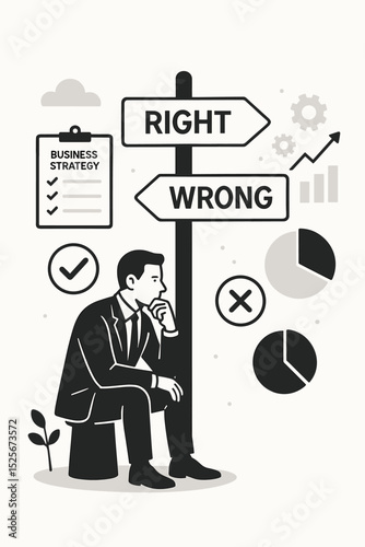 Business strategy and decision making concept. Pensive businessman at a crossroads signpost choosing between right and wrong. Metaphor for corporate dilemma, career path, and planning.