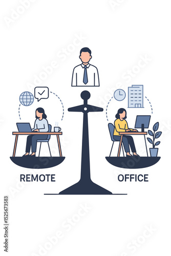 Hybrid work model concept showing remote vs office work on a balance scale. Employee choice between telecommuting and corporate job. Future of work & work-life balance vector.