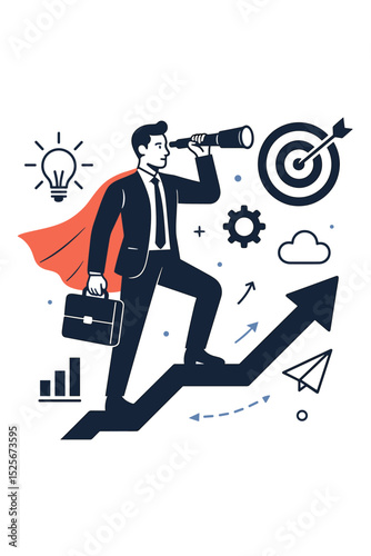 Business visionary and leadership concept. Superhero manager with spyglass on growth arrow looking for success. Career development, strategy, mission and target concept vector.