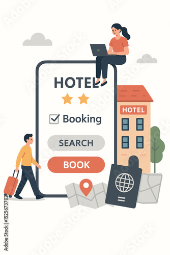 Hotel booking app on smartphone screen. Travel and tourism concept. Man with luggage and woman on laptop searching for holiday accommodation. Online reservation service vector.
