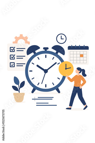 Effective task organization and time management concept. Woman planning schedule with alarm clock, calendar, and checklist. Business productivity, efficiency, meeting deadline vector.
