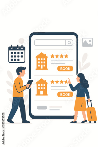 Couple booking hotel online using mobile app. Man and woman planning vacation. Searching for apartment rental. Travel reservation service concept with smartphone, calendar and ratings.