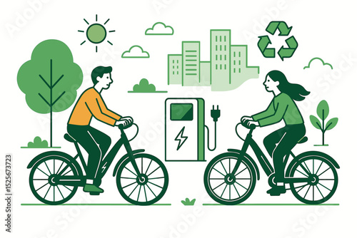 Electric bike commute concept. Man and woman riding e-bikes in a green city. Sustainable transport illustration. Eco-friendly lifestyle with EV charging station and recycle symbol.