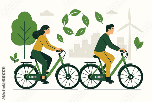 Couple riding electric bikes in the city. Eco-friendly transport concept with green energy symbols like wind turbine and recycle leaf icon. Sustainable urban lifestyle illustration.