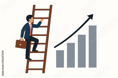 Businessman climbing corporate ladder next to growth chart. Concept of career progress, success, ambition. Employee with briefcase moving up. Financial development and achievement.