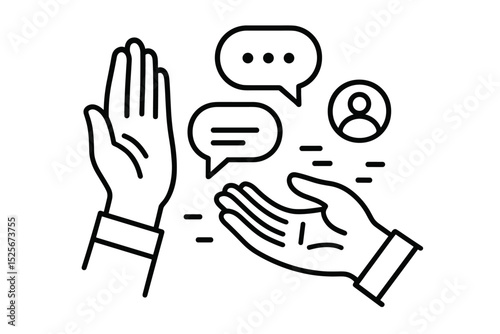 Line art icon of hands, chat bubbles and user symbol. Concept of effective communication, interaction, dialogue, customer service, teamwork, collaboration and feedback.