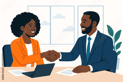 African American man and woman shaking hands in an office. Successful job interview and agreement. Concept of partnership, hiring, recruitment, deal, and business collaboration.