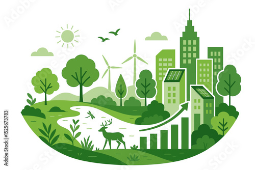 Sustainable city development and green economy growth concept. Eco friendly urban landscape with renewable energy, nature, and wildlife. Environmental conservation investment vector.