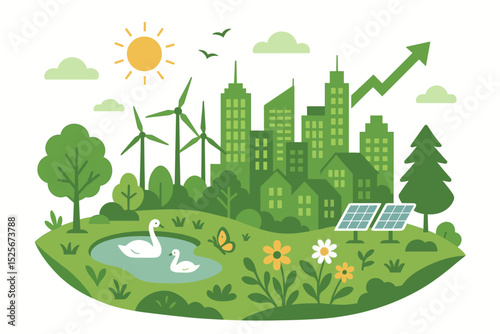 Green city and eco friendly urban growth concept. Sustainable development with renewable energy. Vector illustration of ecology with wind turbines, solar panels, and growth arrow.