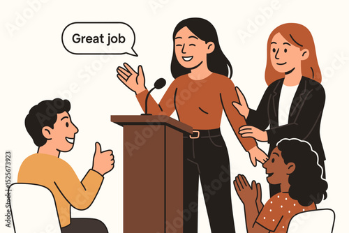 Public speaking support concept. Woman overcomes glossophobia, fear of speech. Mentor encourages speaker at podium. Audience applauds successful presentation. Great job. Empowerment.