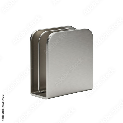 Sleek modern freestanding brushed stainless steel napkin holder, minimalist geometric lines, no napkins, transparent studio cyclorama background, diffused shadowless lighting, concept of modern home