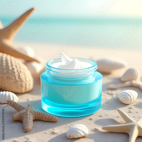Minimalist Blue Cream Jar on Bright Summer Shoreline

