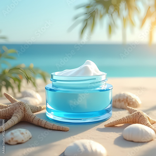 Minimalist Blue Cream Jar on Bright Summer Shoreline


