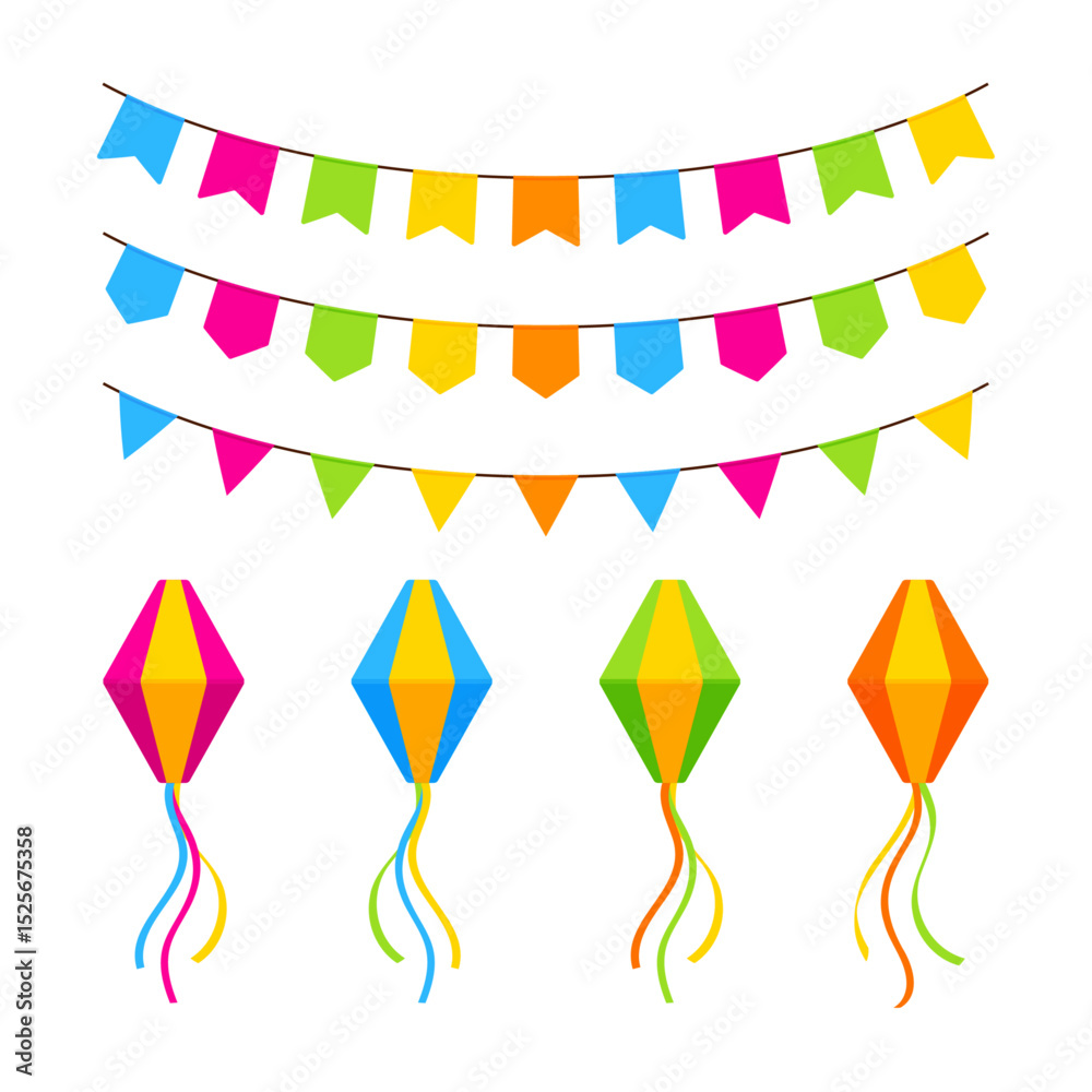 Festa Junina decor with lantern (balão de São João) and colorful pennant flags (bandeirinhas). Brazilian festival, June party, arraial concept. Flat illustration isolated on a white background