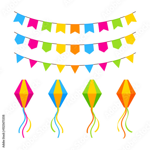 Festa Junina decor with lantern (balão de São João) and colorful pennant flags (bandeirinhas). Brazilian festival, June party, arraial concept. Flat illustration isolated on a white background