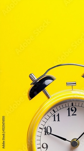 Vibrant yellow background showcases a classic analog alarm clock with black details, symbolizing time management, punctuality, and morning routine urgency