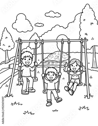 Three children playing on swings in a playground during daytime  