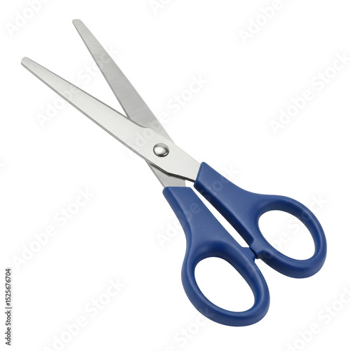 Single office scissors with sharp polished stainless steel blades and ergonomic matte deep blue plastic handles on a pristine transparent background with no shadows, precise product photography concep
