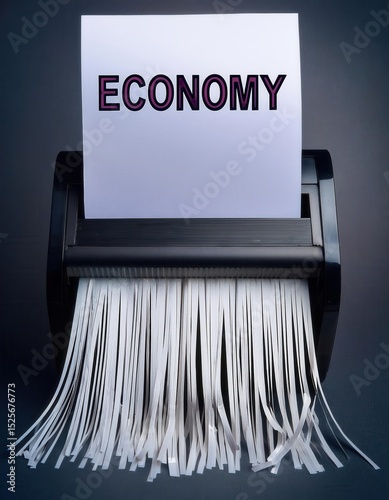 Document shredder rendering the word economy as it processes paper in an office setting during daylight hours. Generative AI