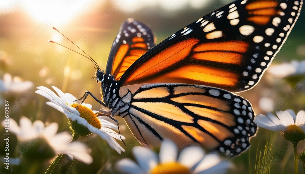 Fototapeta premium A monarch butterfly perched on a daisy in golden sunlight, ideal for springtime campaigns or biodiversity awareness visuals